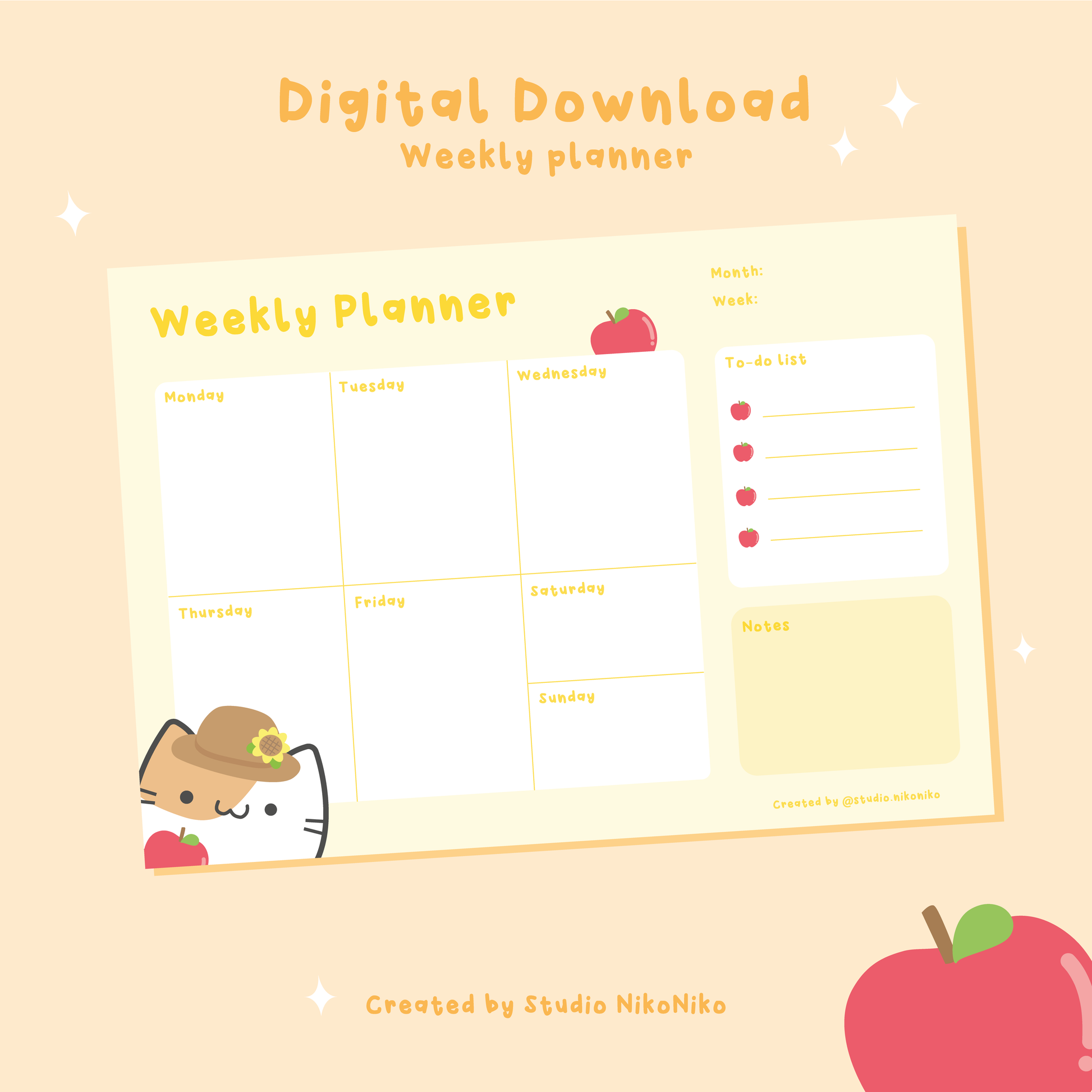 A digital image of an orange weekly planner with a cat and some apples. The image contains the text: Digital download weekly planner.