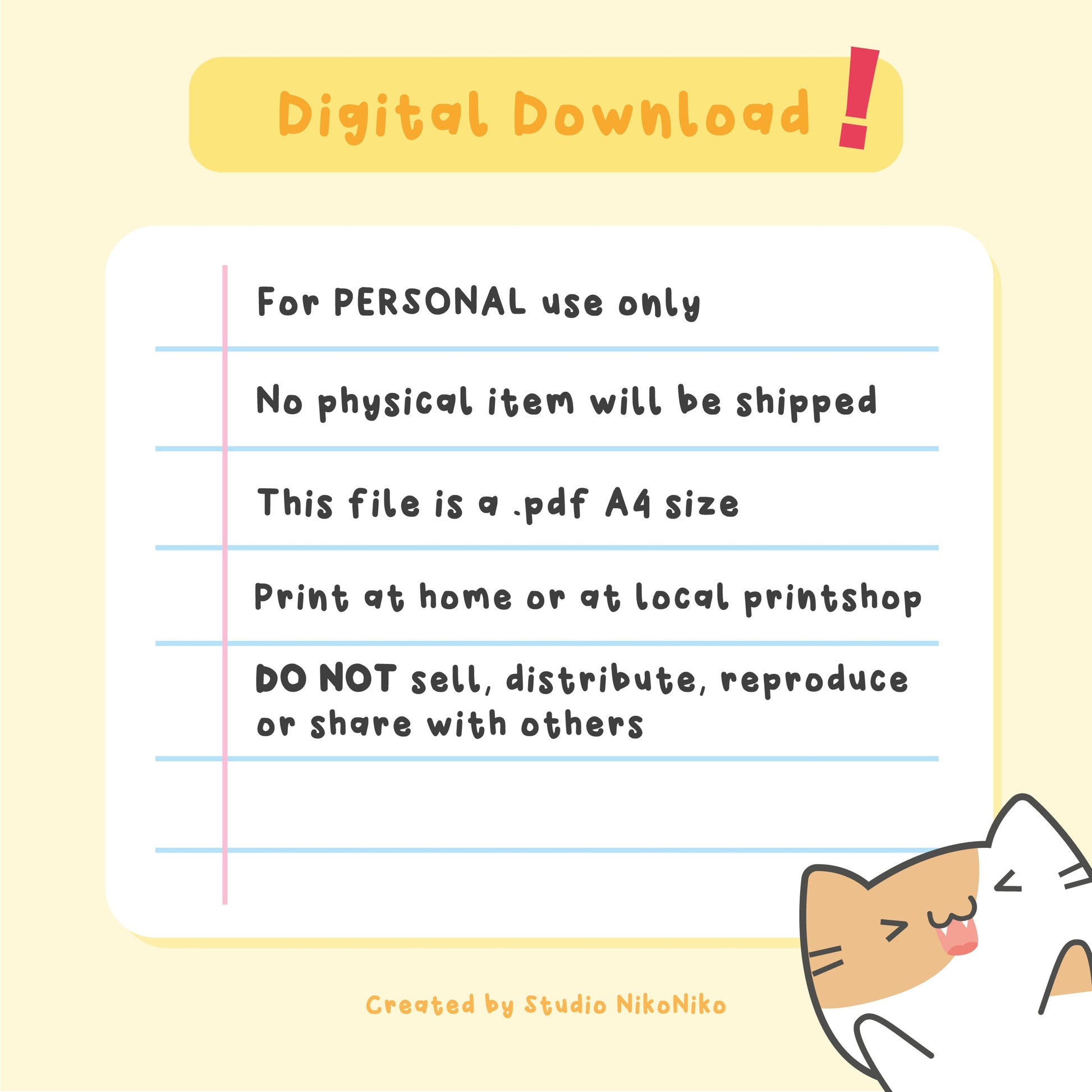 A digital image of the rules for a digital download and a cat in the bottom right corner