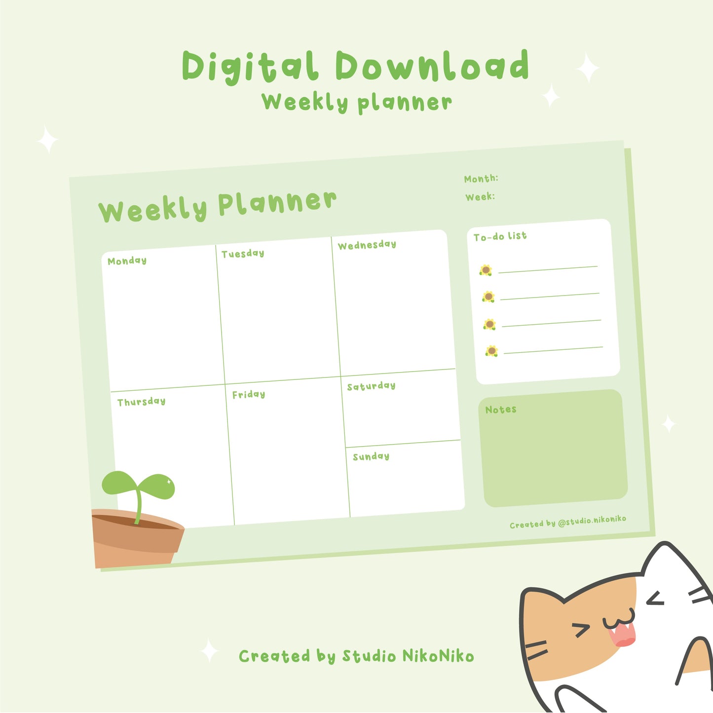 An image of a green weekly planner with a cat and a tiny sprout . The image contains the text: Digital download weekly planner.